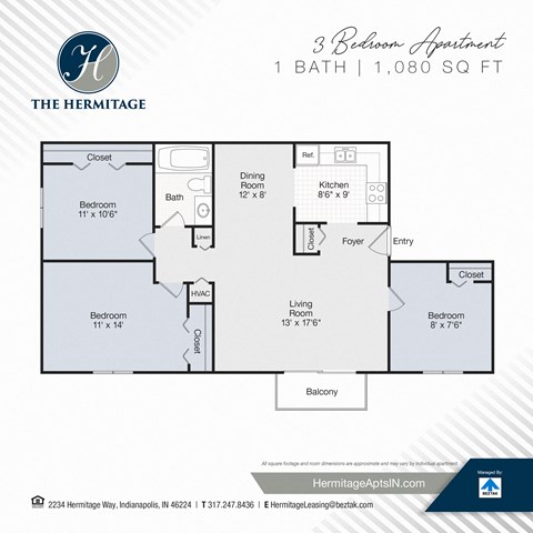 Floor plan for 3 beds, 1 bath, 1080 sqft